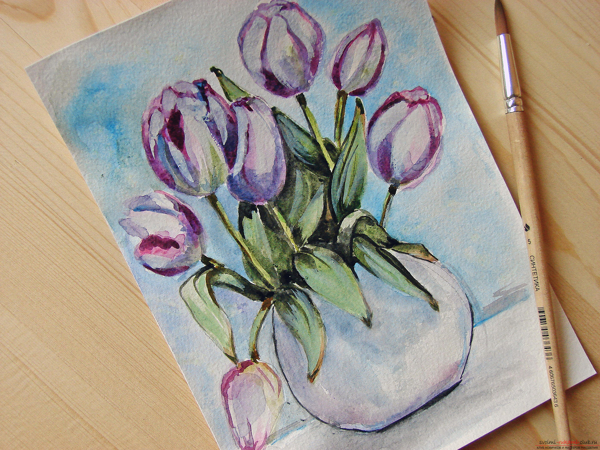 Мастер-класс по рисованию с фото научит как нарисовать цветы, подробно описав как рисуются тюльпаны поэтапно.. Фото №30
